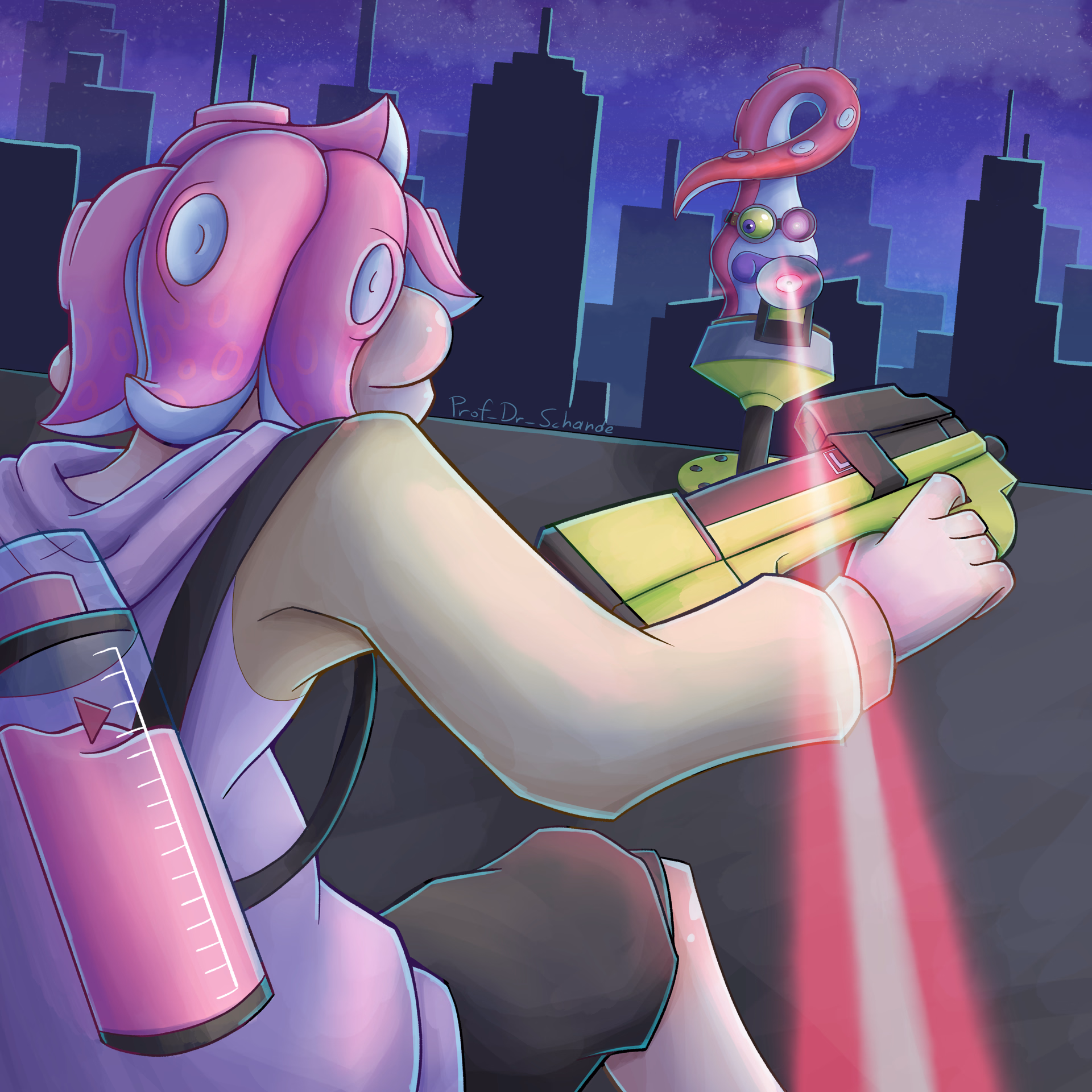My Splatoon self-insert facing off against an Octo-Sniper, inspired by Splatoon 2's DLC Octo Expansion