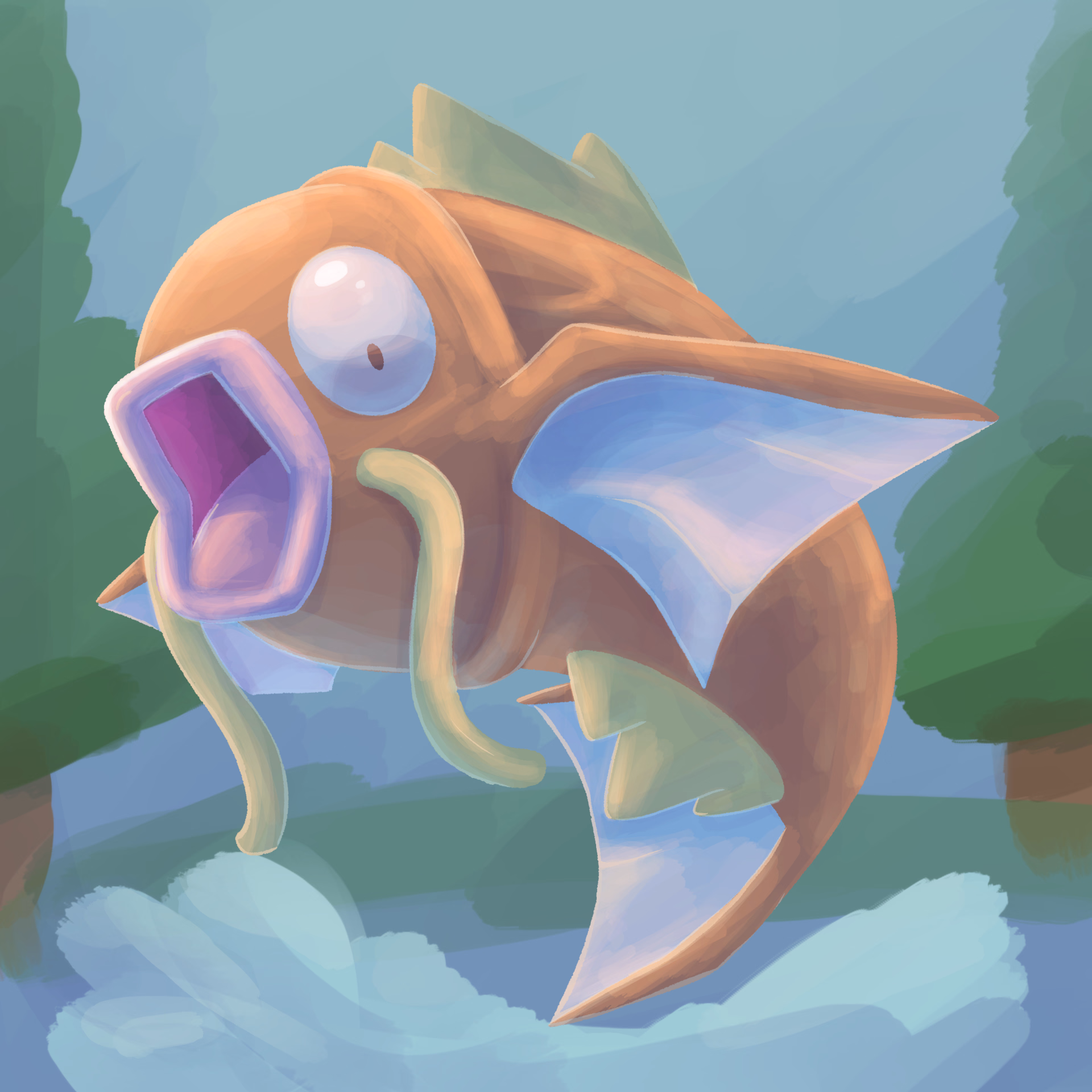 The Pokemon Magikarp jumping out of the water