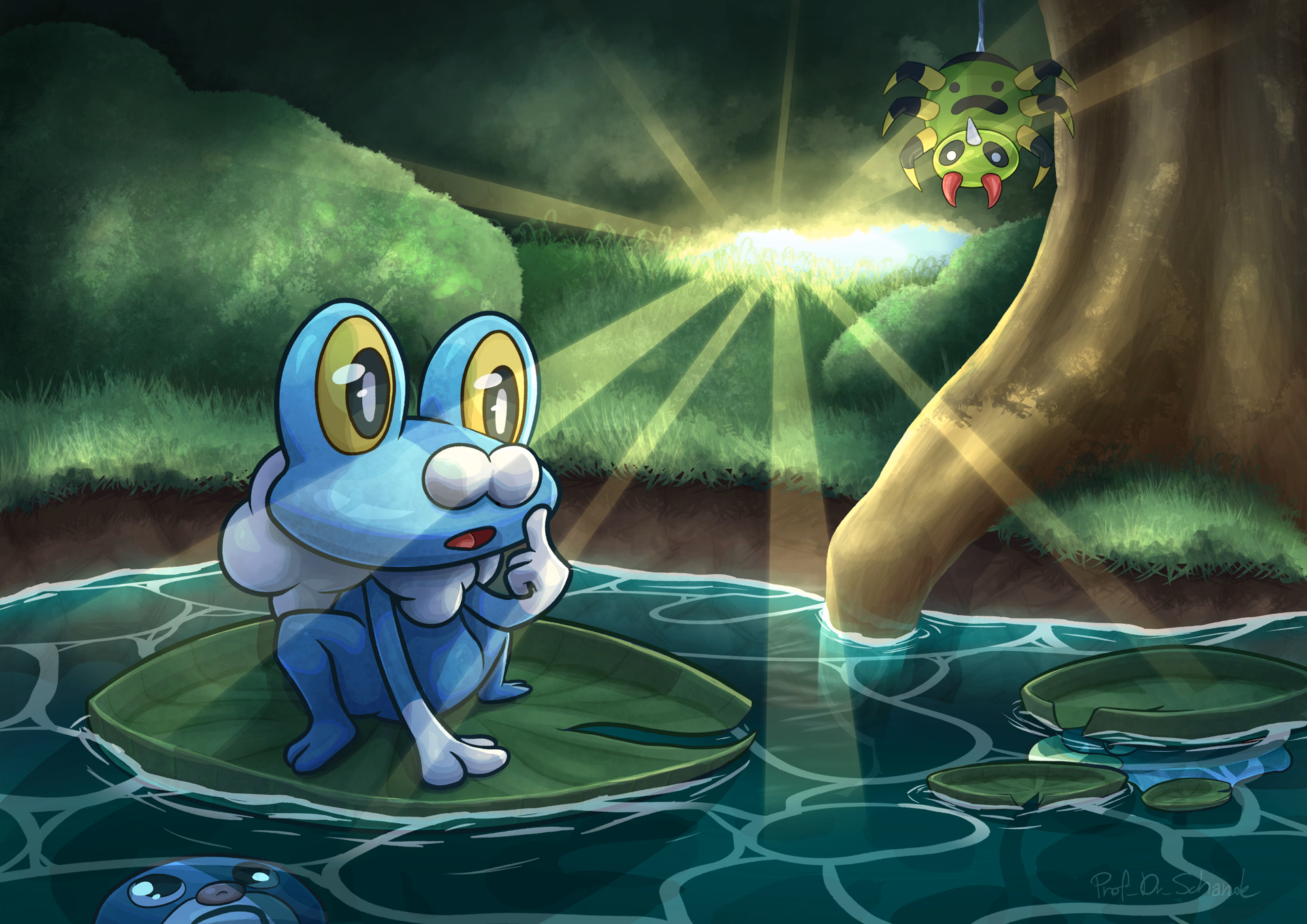 Artwork of the Pokemon Froakie in a Forest Pond