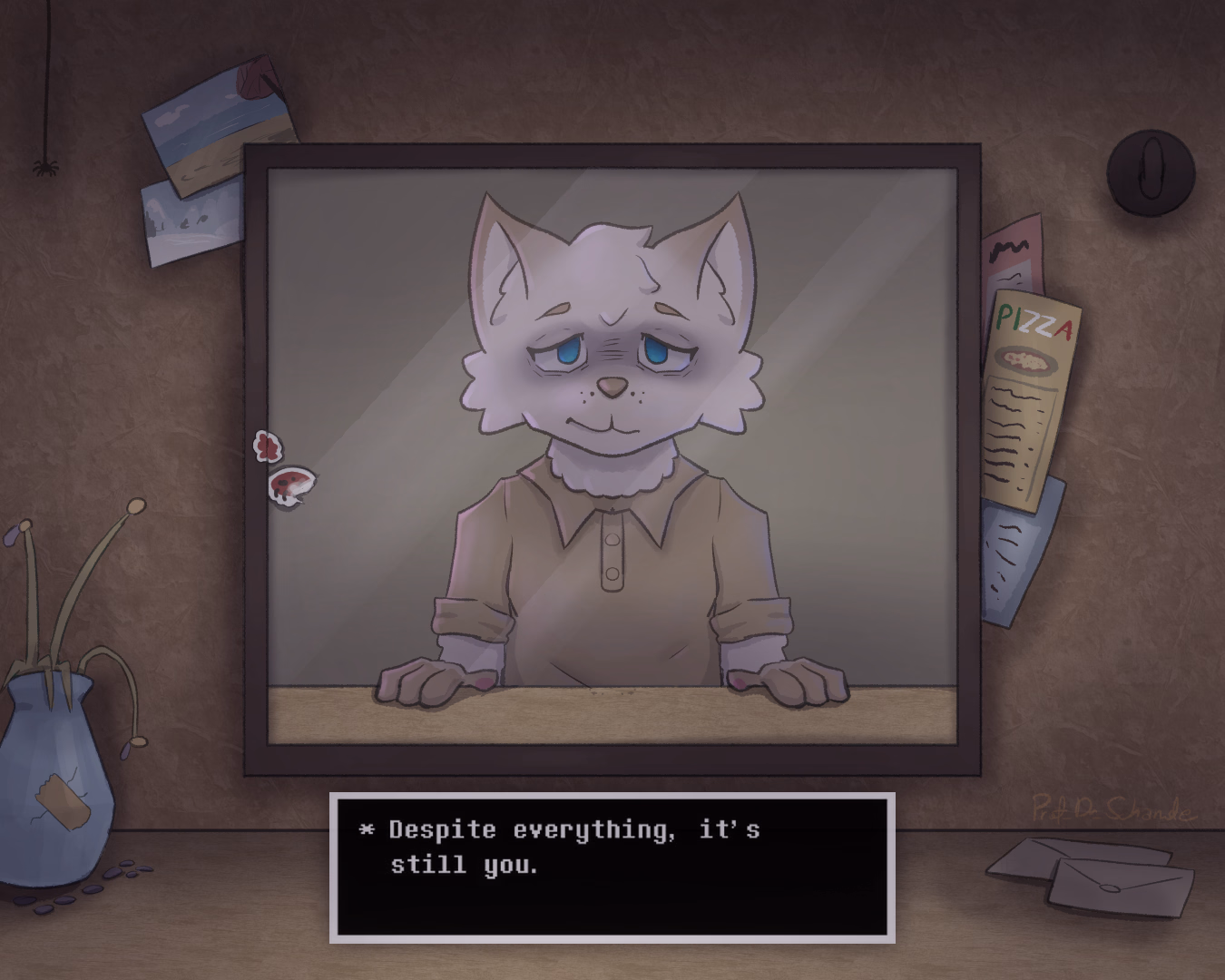 Second Half of a 2-Part Drawing Series about at certain Scene from the Game Undertale, where the Player (in this case my self-insert character) looks exhausted into the Mirror, with the Text -Despite Everything, it's still You-