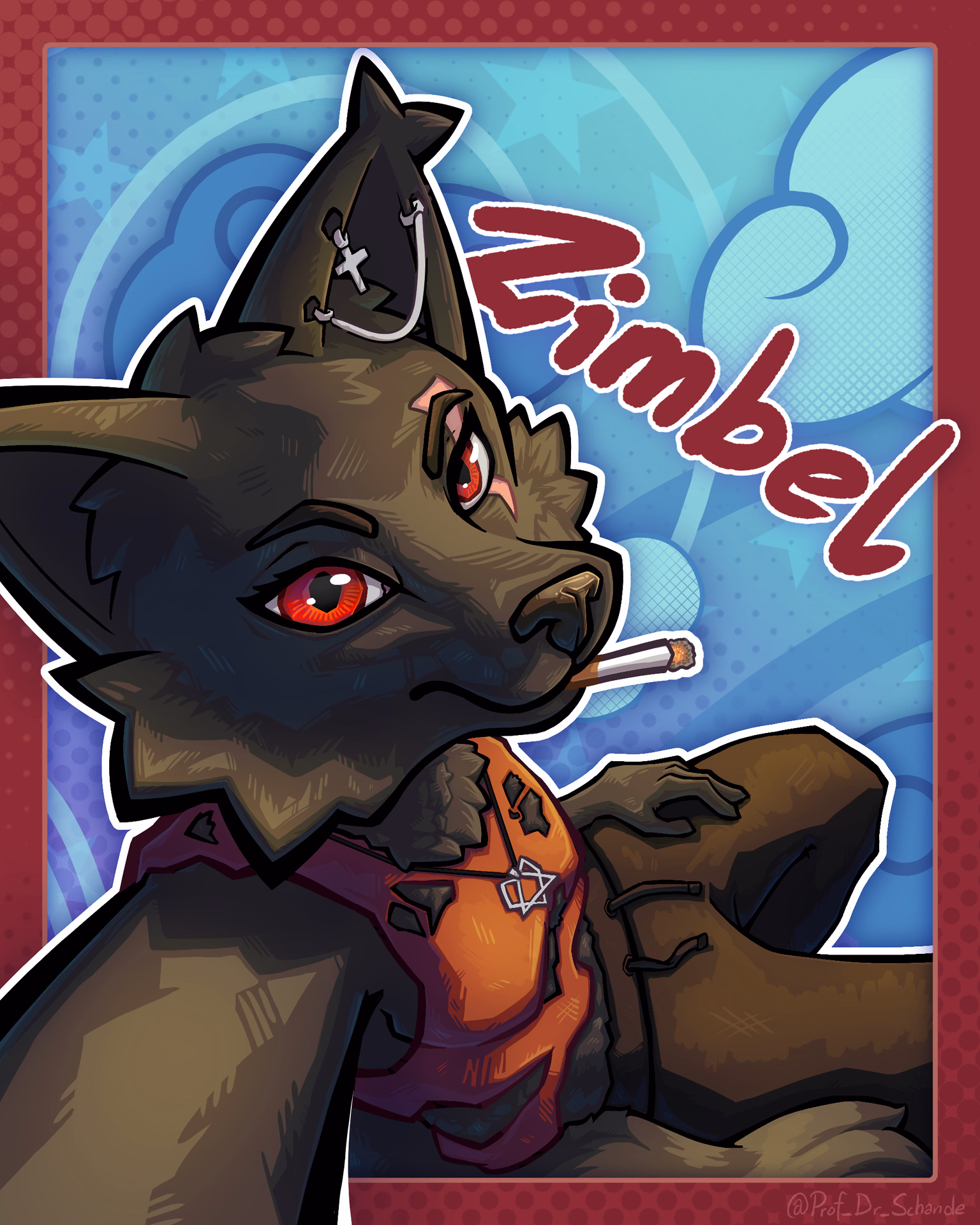 Postcard of one of my original characters, Zimbel, with an abstact background