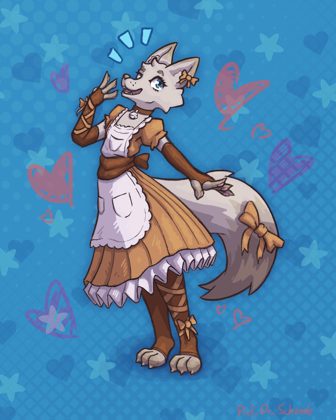 My self-insert character joyfully wearing an orange Maid Dress