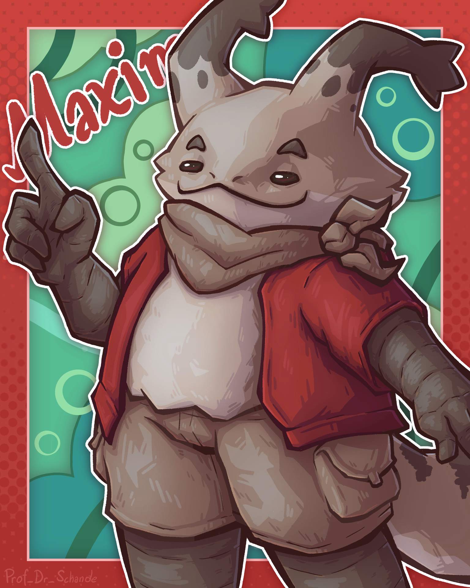 Postcard of one of my original characters, Maxim, with an abstact background