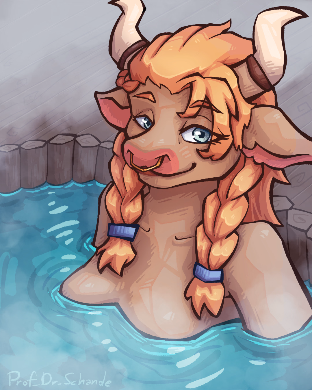One of my Pieces of 2025's Artfight, featuring the character Estrid, an anthropromorphised cow owned by artist moogletheclown